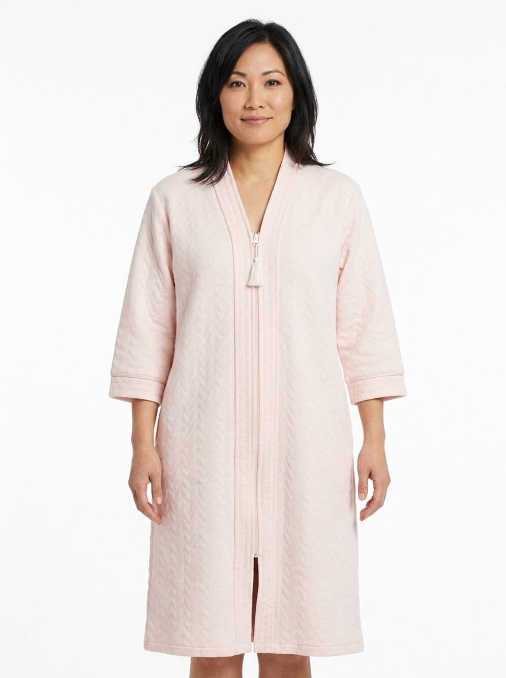 Body Touch Pink Quilted Zip Front Tassel 3/4 Sleeve Robe Women Size M
